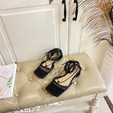 STRETCH LACE-UP FLAT SANDAL IN BLACK METALLIZED MESH AND LEATHER