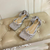 LACE-UP FLAT SANDAL IN SILVER METALLIZED MESH AND LEATHER WITH RHINSTONES