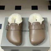 BALENCIAGA 25S FUR-LINED MULES IN TAUPE GRAY FAUX LEATHER