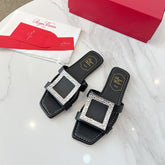 VIV' BY THE SEA MULES IN BLACK CALFSKIN CRYSTAL BUCKLE