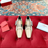 MARY JANES IN GOLD SATIN WITH CRYSTAL SQUARE BUCKLE