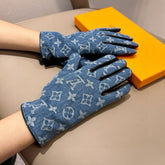 GLOVES IN ELECTRIC BLUE MONOGRAM DENIM AND BLACK LAMBSKIN 460110
