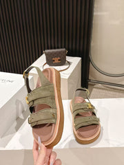 CELINE 25S TIPPI TRIOMPHE SANDAL IN DARK OLIVE CALFSKIN SUEDE