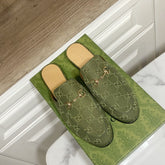 GG MULES IN MOSS GREEN FABRIC GOLD HARD WARE