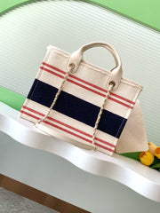 SHOPPING BAG 34 IN WHITE RED AND NAVY BLUE CANVAS