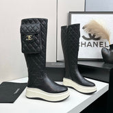 CHANEL 25S WEDGE KNEE-HIGH BOOTS IN BLACK CALFSKIN SILVER HARDWARE
