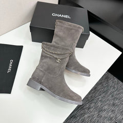 CHANEL 25S SHORT BOOTS IN GRAY SUEDE SILVER HARDWARE