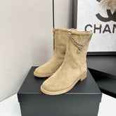 CHANEL 25S SHORT BOOTS IN LIGHT GOLD SUEDE SILVER HARDWARE