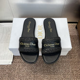 DIOR 25S D-LANE SLIDE BLACK CALFSKIN AND BLACK BRAIDED RAFFIA