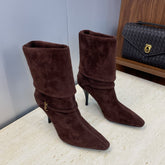 YSL 25S NIKI POINTED-HEEL ANKLE BOOTS 95 MM IN DARK BROWN SUEDE WITH GOLD HARDWARE