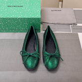 RHINESTONE BALLET FLATS WITH BOW IN FUN GREEN SHEEPSKIN