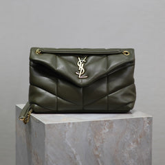 YSL 25S LOULOU PUFFER MM 29 IN DARK OLIVE CALFSKIN GOLD HARDWARE