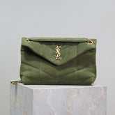 YSL 25S LOULOU PUFFER MM 29 IN GREEN SUEDE GOLD HARDWARE
