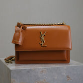 YSL 25S SUNSET BAG 22 IN DARK CARAMEL CALFSKIN GOLD HARDWARE