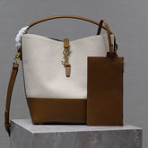YSL 25S LE 5 À 7 BUCKET 26 IN CREAM BROWN CALFSKIN AND CANVAS GOLD HARDWARE