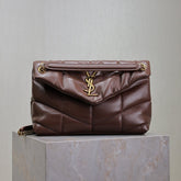 YSL 25S LOULOU PUFFER MM 29 IN DARK BROWN CALFSKIN GOLD HARDWARE