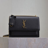 YSL 25S SUNSET MEDIUM 22 IN BLACK GRAINED CALFSKIN GOLD HARDWARE