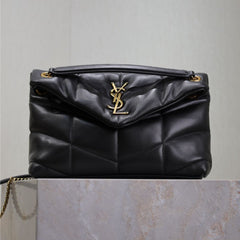 YSL 25S LOULOU PUFFER MM 29 IN BLACK CALFSKIN GOLD HARDWARE