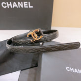 DOUBLE C BELT 20MM IN BLACK CALFSKIN WITH QUILTED STITCHING AND SPIRAL GOLD BUCKLE