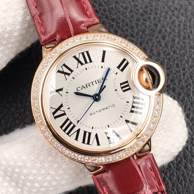 BALLON BLEU 33MM ROSE GOLD CASE DIAMOND BEZEL RED LEATHER