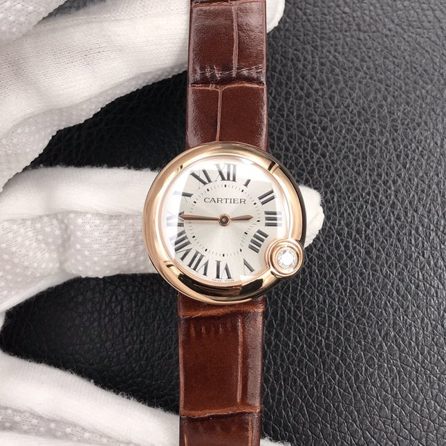 BALLON BLANC DE CARTIER QUARTZ ROSE GOLD BROWN LEATHER