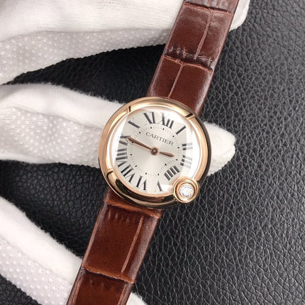 BALLON BLANC DE CARTIER QUARTZ ROSE GOLD BROWN LEATHER