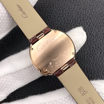 BALLON BLANC DE CARTIER QUARTZ ROSE GOLD BROWN LEATHER