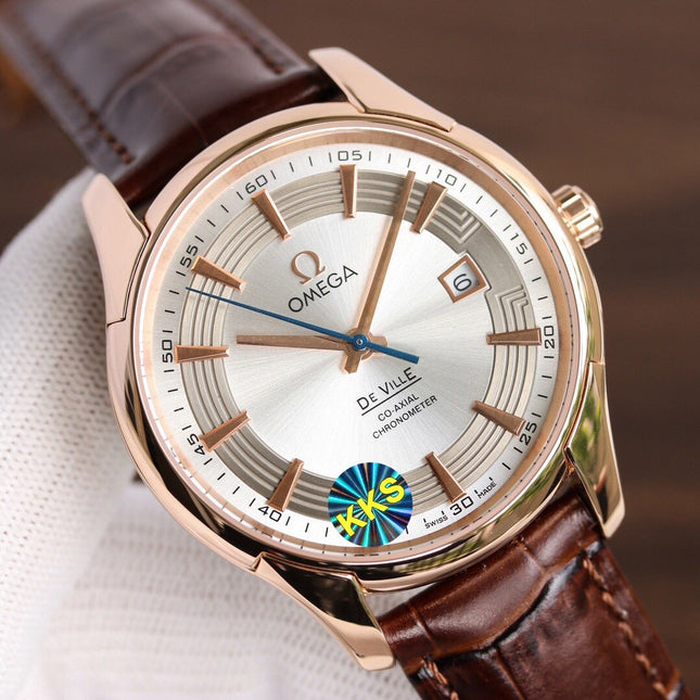 DE VILLE HOUR VISION 41MM ROSE GOLD CASE LEATHER STRAP