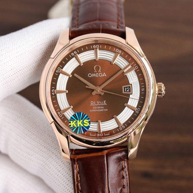 DE VILLE HOUR VISION 41MM ROSE GOLD CASE LEATHER STRAP