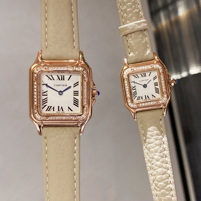 PANTHERE DE CARTIE DIAMOND BEZEL ROSE GOLD BEIGE LEATHER