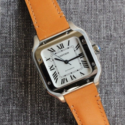 SANTOS 34MM STEEL CASE BROWN LEATHER