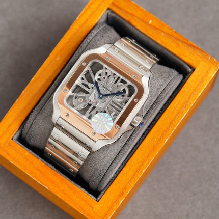 SANTOS DE CARTIE STAINLES STEEL SKELETON DIAL ROSE GOLD BEZEL