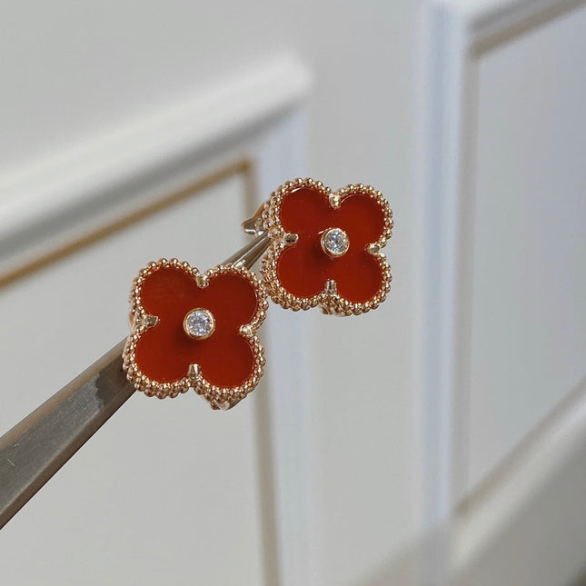 CLOVER CARNELIAN PINK GOLD DIAMOND EARRINGS