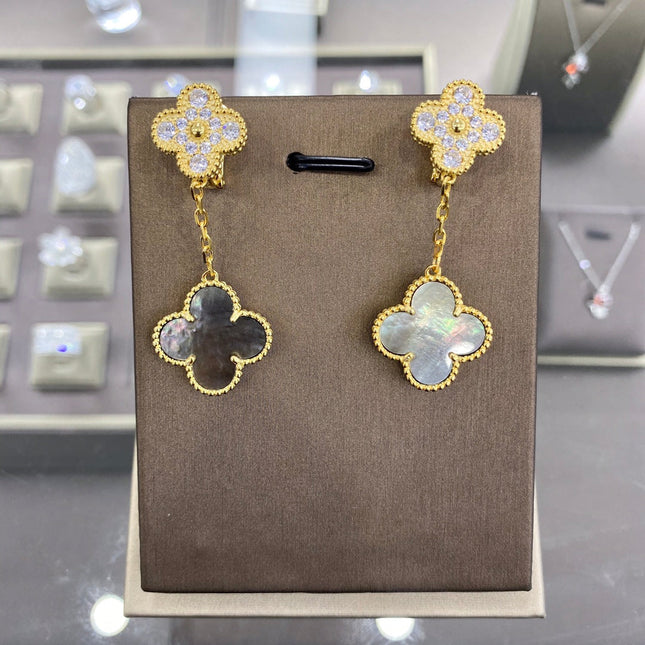 CLOVER 2 MOTIFS DIAMOND GOLD EARRINGS