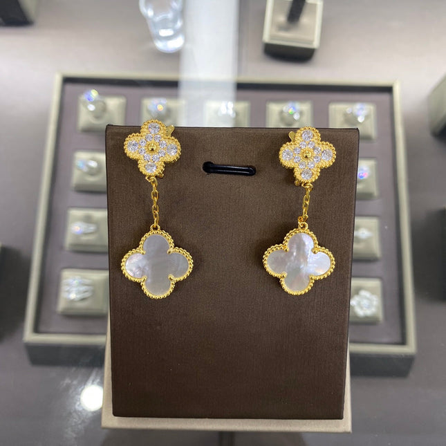 CLOVER 2 MOTIFS DIAMOND GOLD EARRINGS