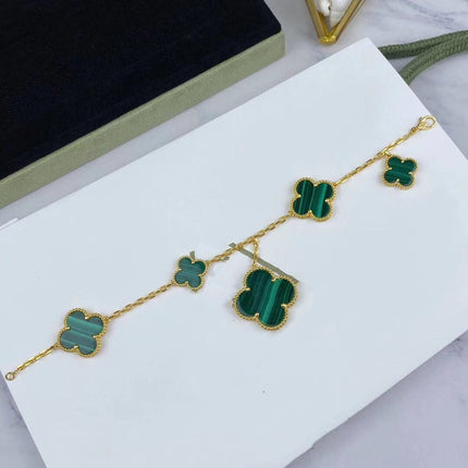 MAGIC CLOVER MALACHITE GOLD BRACELET 5 MOTIFS