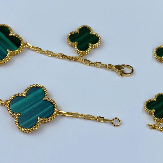 MAGIC CLOVER MALACHITE GOLD BRACELET 5 MOTIFS