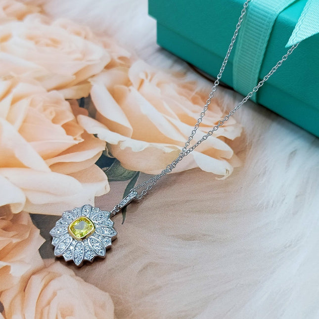 FLOWER PEDANT YELLOW DIAMOND SILVER NECKLACE