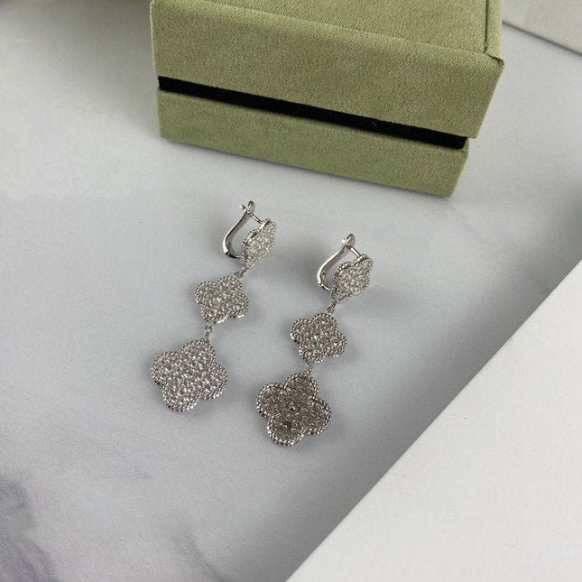 CLOVER 3 MOTIF DIAMOND SILVER DROP EARRINGS