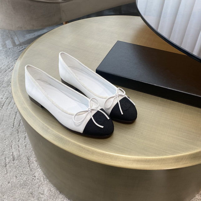 BALLET FLATS WHITE BLACK LAMBSKIN CANVAS