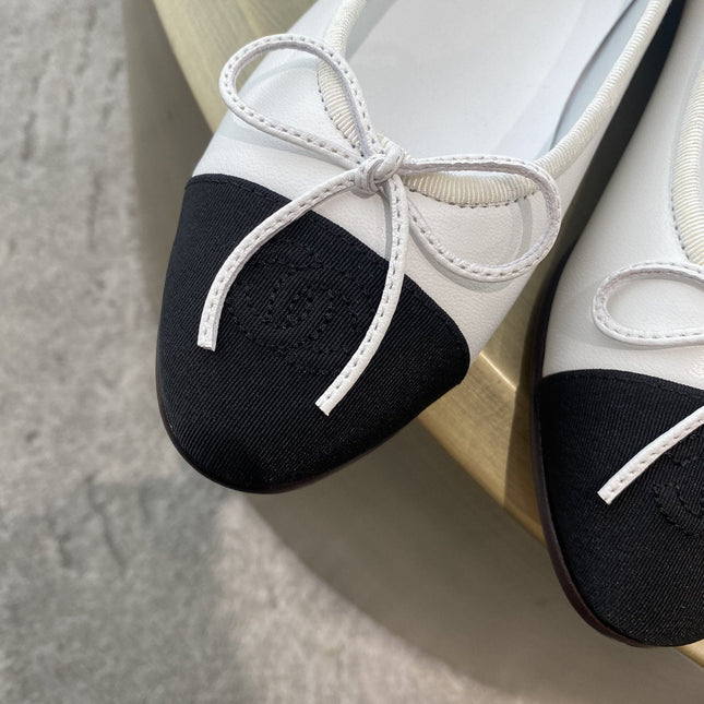 BALLET FLATS WHITE BLACK LAMBSKIN CANVAS