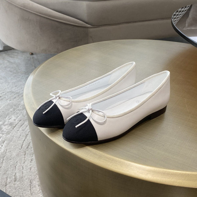 BALLET FLATS WHITE BLACK LAMBSKIN CANVAS