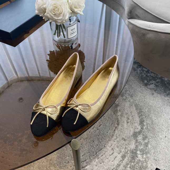 BALLET FLATS GOLD BLACK LAMBSKIN CANVAS