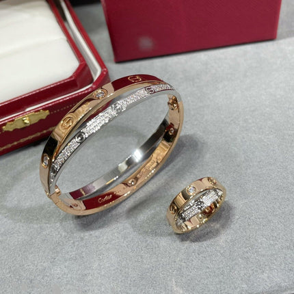 LOVE PINK GOLD SILVER DIAMOND DOUBLE RING