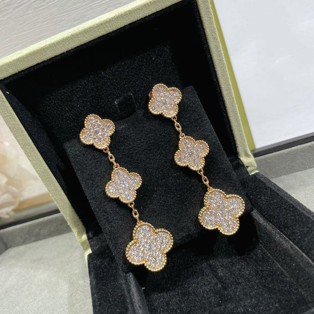 CLOVER 3 MOTIFS DIAMOND PAVED PINK GOLD EARRINGS