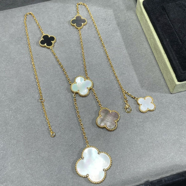 CLOVER 6 MOTIF MOP ONYX GOLD NECKLACE