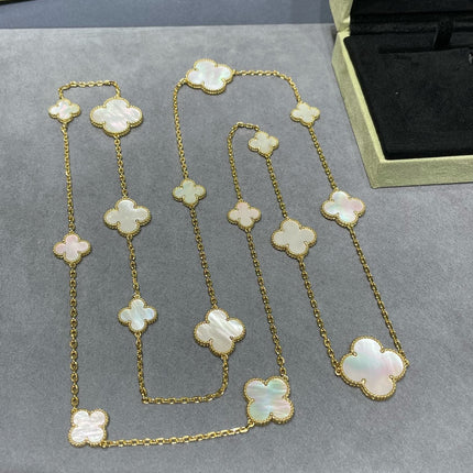 CLOVER 16 MOTIF WHITE MOP GOLD NECKLACE