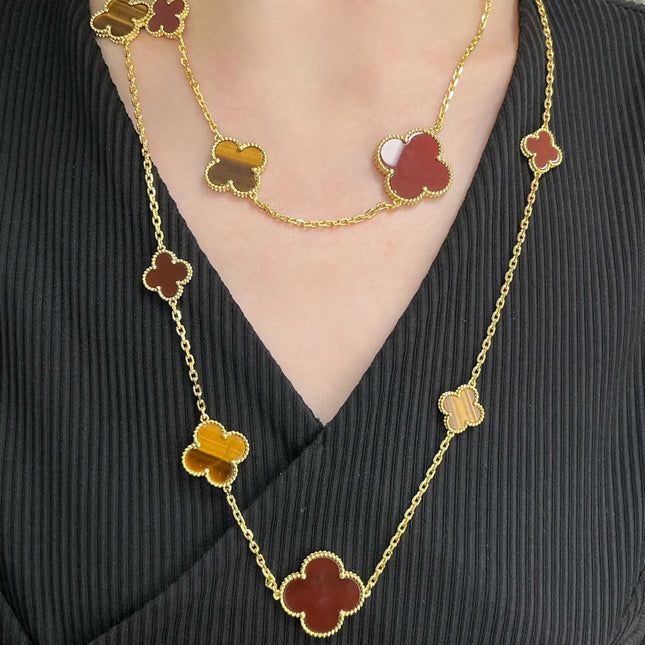 CLOVER 16 MOTIF CARNELIAN TIGER EYE PINK GOLD NECKLACE