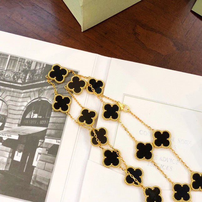 CLOVER 20 MOTIF ONYX 86CM GOLD NECKLACE