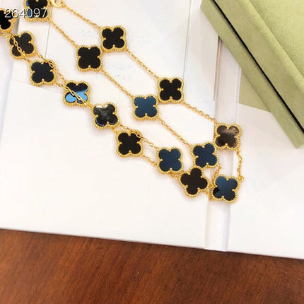 CLOVER 20 MOTIF ONYX 86CM GOLD NECKLACE